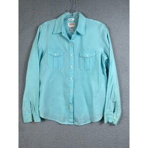Talbots Irish Linen Button Up Shirt Top Womens Size Small Blue Button Pocket